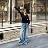 25 Jeans Novos de Outono e Inverno, Resistentes, Lavados, Pequena Cimitarra, Não Elásticos, Cintura Baixa, Soltos, Perna Larga para Mulheres