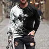 Camiseta informal de manga larga para hombre, con cuello redondo y diseño moderno de bloques de color rojo y blanco y estampado de salpicaduras, top casual a la moda