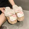 Pantuflas Cerradas Peludas Cálidas para Mujer 2025 Otoño e Invierno Nuevo Estilo Coreano Gato de Dibujos Animados Felpa Lazo Algodón Pantuflas
