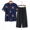 Traje de verão para avós de mulheres de meia-idade e idosas, roupas de algodão e seda para mães idosas, blusa de manga curta para idosos, conjunto de duas peças