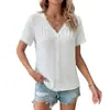 Tiktok Verano Nuevo Top Blanco Transfronterizo Europeo y Americano para Mujer Suéter Casual Cuello en V Encaje Empalmado Camisa de Manga Corta