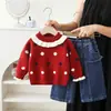 Conjunto de suéter para niña: Conjunto de Dos Piezas: Top de Punto con Estampado de Lunares, Volantes y Color de Contraste y Jeans Sueltos de Pierna Ancha