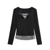 Camiseta Primavera e Outono Estilo Garota Picante Top Curto com Zíper Falso de Duas Peças Malha para Mulheres, Slim Fit, Versátil, Manga Longa