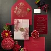Convite de Casamento Acrílico Veludo Borgonha com Estampagem Dourada, Envelope com Capa de Papel Sulfite e Selo de Cera de Alto Padrão