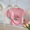 2026 Nuevo Estilo de Verano Top con Cordón para Niñas con Perlas Moda Dulce Dibujo Animado Estampado Camiseta de Manga Corta Moderna