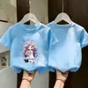 Camiseta de Algodão Puro de Manga Curta para Meninas Verão Novo Estilo Estampada Gola Redonda Top para Meninas Pequenas Amigo da Pele Respirável Versátil Manga Meia