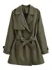 Comércio Exterior Transfronteiriço Spot Estilo Europeu e Americano Roupas Femininas Inverno 2025 Nova Moda Verde Militar Corta-vento de Botão Duplo com Cinto