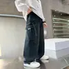 Jeans Cargo Masculino Moda Outono 2025 Bolso Grande Calças Compridas Casuais Soltas Infantis