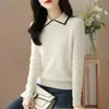 Blusa de tricô minimalista estilo coreano com mangas compridas e gola lapela para mulheres, outono de 2026, de alta qualidade, versátil e elegante para looks de trabalho