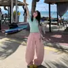 Calça de moletom GTGA com estampa de bordado de estrela retrô americana para mulheres, perna larga solta e casual, comprimento até o chão, cor dopamina