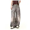 Comercio Exterior Transfronterizo Bigotes de Gato Americanos Estampado de Leopardo Scimitar Jeans para Hombres y Mujeres Retro de Cintura Alta Sueltos Versátiles Casuales Pantalones de Pierna Ancha
