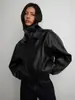 Chaqueta de cuero PU con patrón de lichi retro popular transfronteriza europea y americana para mujer, otoño e invierno, cuello alto, cremallera diagonal, corte holgado, chaqueta de motociclista