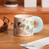 Caneca de Cerâmica com Cabo Floral Pastoral Estilo Japonês Conjunto de Xícara e Pires de Café com Flor Desenhada Caneca Fofa de Animal