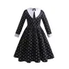 Fantasia Cosplay de Halloween Infantil Família Addams Quarta-Feira Negra Vestido com Lapela para Menina