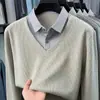 Camisa de Punto para Hombre Dos en Uno Estilo Old Money Otoño 2026 Nuevo Camisa Casual para Hombre Cuello de Camisa Imitación Cachemir