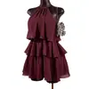 Vestido de Chifón con Capas Estilo Pastel Cuello Halter Color Vino Tinto Transfronterizo Puro Deseo Chica Caliente Vestido Corto Estilo Vacaciones Ropa de Mujer Comercio Exterior Al por Mayor