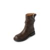 Botas Martin de couro relaxado estilo coreano para outono e inverno 2024 Botas curtas de couro com fivela de cinto de salto médio grosso para mulheres