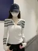 Tricô com Gola Polo e Listras Contrastantes para Mulheres na Primavera e Outono, Efeito Afinando a Cintura e Peça Versátil