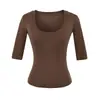 Camiseta Sexy de Estilo Americano con Cuello en U y Mangas Medias de Color Sólido, Nueva Moda de Verano Versátil Ajustada Corta para Mujer
