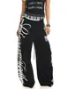 Pantalones deportivos retro americanos con estampado de letras, cordón, dobladillo curvo, para hombre y mujer, patchwork de rayas, pierna ancha recta, longitud al suelo