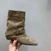 Botines cortos de ante caqui vintage para mujer, botines estilo francés, diseño de nicho de otoño, botines de tacón ancho estilo western, botas de montar
