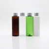 Botella de 150 ml con hombro plano, tapa anodizada, empaque para loción, botella de champú, botella de aceite esencial, botella de perfume, botella de PET