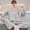 Conjunto de Pijama de Algodón Puro para Otoño e Invierno Primavera y Otoño Cuello de Solapa Manga Larga Pantalón Largo Corte Holgado Tallas Grandes Conjunto Cómodo para Estar en Casa