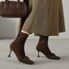 Botas Cortas Elásticas Estilo Diosa de Ante con Lazo de Seda para Falda Otoño e Invierno 2025 Punta Cuadrada Pequeña Tacón de Aguja