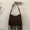 Bolsa de camurça com franjas, bolsa de ombro transversal estilo tribal vintage de outono, bolsa quadrada pequena atmosférica Maillard