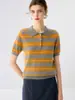 Suéter de cashmere listrado retrô com gola polo para mulheres, top de malha de manga curta, versátil, modelador e elegante camada base