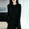 Suéter fino de malha de lã solúvel em água com mangas compridas para mulheres, pulôver simples de cor sólida com gola redonda, top versátil T-shirt