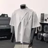 2025 Nueva Camiseta de Alto Gama con Pliegues de Peso Pesado para Hombre, Estilo Americano de Verano, Hombro Derecho, Escote Pequeño, Manga Corta