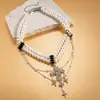 Cadena de Suéter Doble Capa con Cruz de Perlas Sintéticas Incrustada de Diamantes Personalizada Estilo Europeo y Americano Collar de Gama Alta Lujo Ligero Elegante Nicho Vintage
