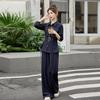 Conjunto de Duas Peças Jeans Patchwork Colorido Contrastante para Mulheres, Moda Casual Nova Primavera e Outono 2025 Calças de Cintura Alta Wide Leg