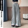 Calça Xadrez de Perna Larga para Mulheres, Estilo Fino de Verão, Nova Moda 2025 com Renda Costurada, Comprimento Estendido, Calça de Verão Leve e Fresca