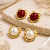Accesorios de moda europeos y americanos aretes de perla grandes en forma de corazón de acero inoxidable oro de 18k nicho vintage transfronterizos aretes personalizados para mujer
