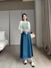 Fotos Reais, Preço Real: Vestido Slip Jeans Degradê Retrô Francês, Design Estiloso de Vestido Longo para o Verão 2025 em Azul