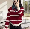 2026 Nuevo Moda Estilo Coreano Denim Cuello Polo Rayas Tejido Suéter para Mujer, Holgado Primavera y Otoño Top, Ropa para Mujer