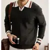 Camisa polo de hombre retro británica con bloques de color, suéter casual de manga larga para otoño e invierno, nuevo