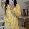 Pijama Nuevo de Algodón Burbuja para Mujer Traje Delgado de Manga Larga de Crepé para Casa Ropa de Dormir