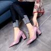 2023 Novo Top Baixo Trabalho Sapatos Femininos Outono Salto Grosso Cor Boca Rasa Slip-On Bico Fino Sapatos Femininos de Salto Alto Aparência Emagrecedora