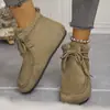 Novas Botas Curtas de Algodão com Solado Plano de Tamanho Grande para Mulheres com Acabamento em Pelo, Espessadas e Forradas, Botas de Neve com Cadarço, Venda Direta do Fabricante