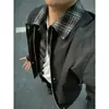 Jaqueta falsa de duas peças estilo retrô americano, peça externa de trabalho masculina de caimento solto para primavera/outono, design moderno com retalhos xadrez, top versátil