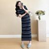 Roupa para gestantes para primavera e verão 2025 novo vestido de malha de seda gelada fina listrado slim-fit francês de alta elasticidade para gestantes