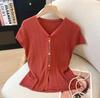 Comercio Exterior 2025 Nuevo Verano Estilo Coreano Hombros Descubiertos Cut Out Cuello en V Manga Corta Diseño de Punto Camisa de Color con Botonadura Sencilla