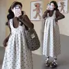 Conjunto de Otoño para Maternidad Estilo de Moda Nuevo Chaleco Holgado de Lunares + Capa Base Conjunto de Dos Piezas para Maternidad