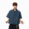 Camisa Curta Plaid Azul Miu com Pregas de Manga Curta para Homens e Mulheres, Tendência de Verão Cityboy Solta e Preguiçosa Casual Jaqueta Camiseta
