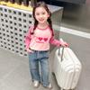 Camiseta de Manga Larga para Niños de Primavera y Otoño con Estampado de Tarjeta T Estilosa para Niña Manga Raglán Coreana Casual Combinable