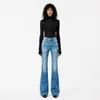 Jeans Feminino Micro-flare de Cintura Alta, Elástico, Slim Fit, Levanta Bumbum, Azul Claro, 26, Novo Clássico de Outono, Design Lavado Emagrecedor