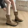 Primeiro Encontro Ji Estilo Coreano Botas Martin com Solado Grosso Femininas 2026 Outono/Inverno Novo Estilo Botas franzidas Maillard Botas de Cowboy Ocidentais
